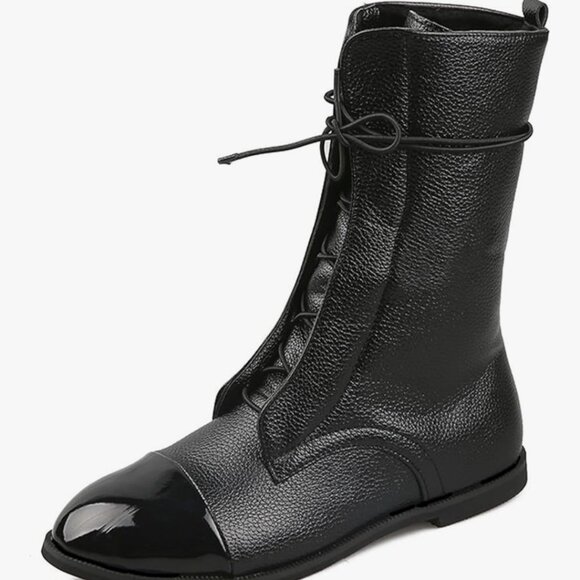 AMAZIDEAL Women's Faux Leather Lace-Up Military Flat Mid Calf Boots - Picture 1 of 3